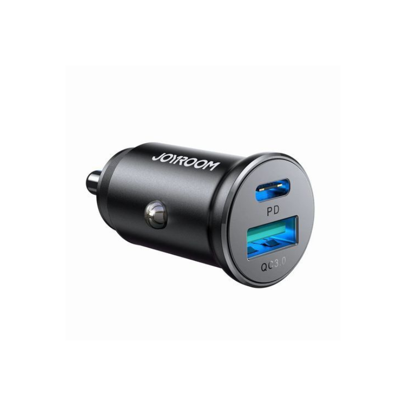 JOYROOM Fast Car Charger Mini Metal Dual Port Type C USB A 30W Black JR CCN05