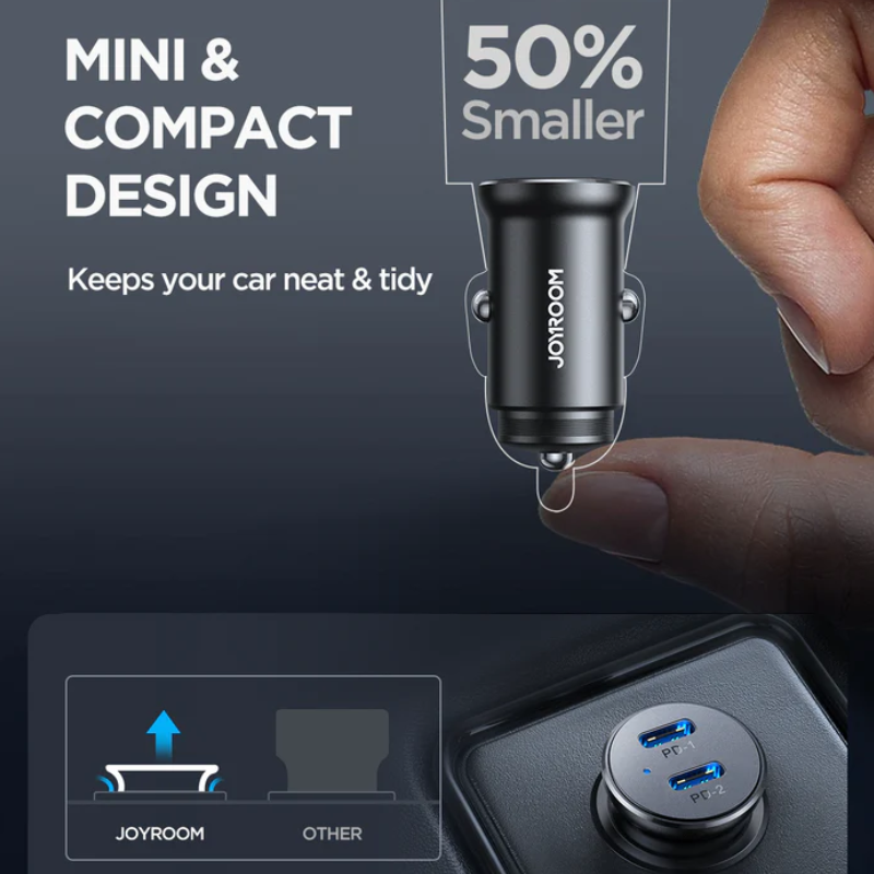 JOYROOM Fast Car Charger Mini Metal Dual Port Type C 30W Black JR CCN06