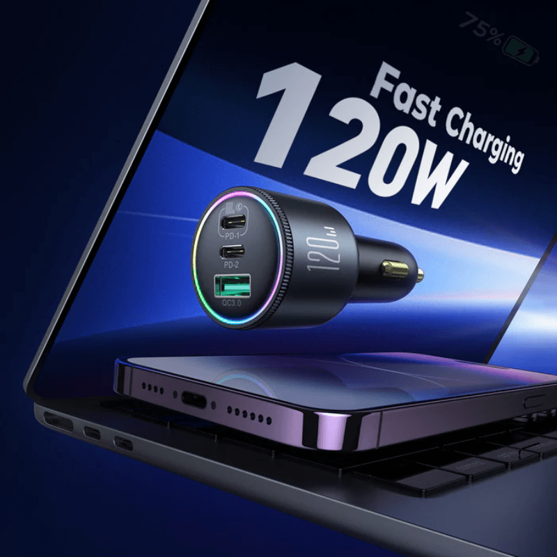 JOYROOM Fast Car Charger 3 Port Type C 2+USB A 1 120W Black JR CCN07