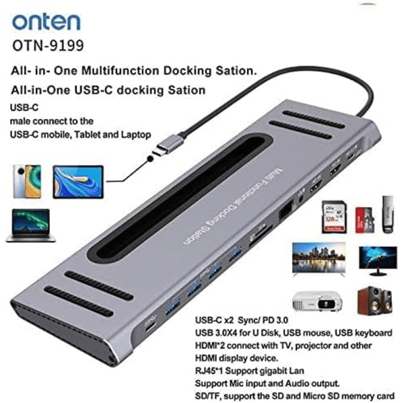 أونتن
Hub 13 1 Type C إلى HDMI(4K) SD TF Card PD Charge USB 3.0 3 USB 2.0 1 Type C 2 VGA Audio Lan OTN 9199A