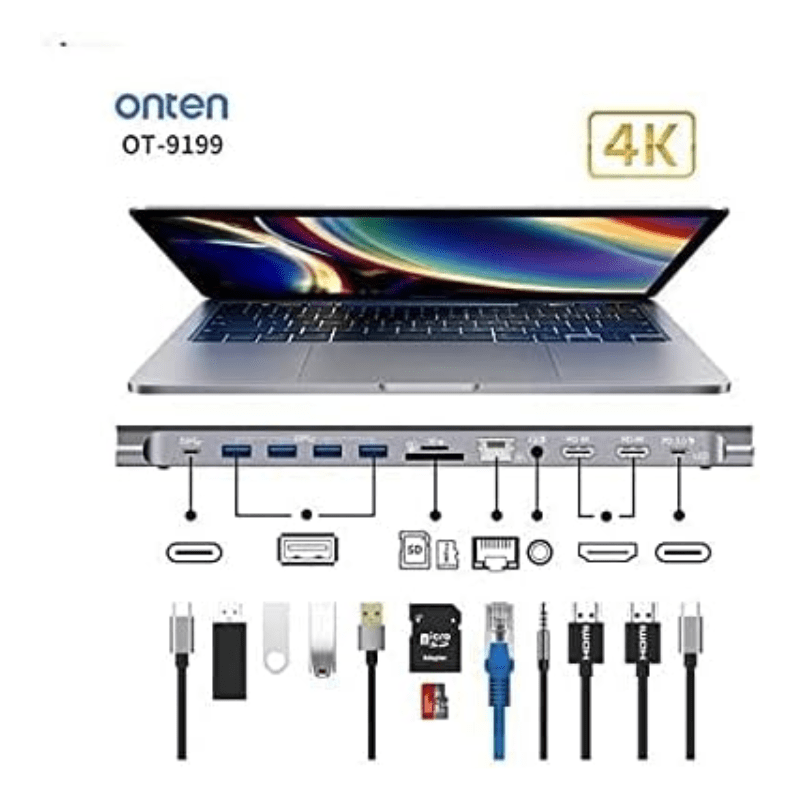 أونتن
Hub 13 1 Type C إلى HDMI(4K) SD TF Card PD Charge USB 3.0 3 USB 2.0 1 Type C 2 VGA Audio Lan OTN 9199A