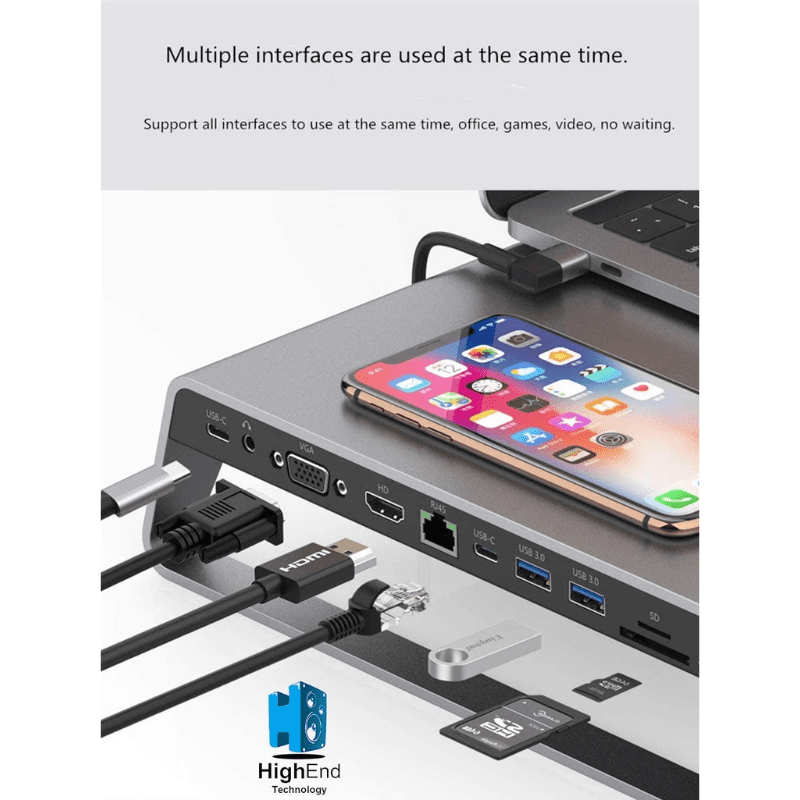 Onten Laptop Stand 111 Type-C 2 HDMI(4K) VGA Audio Lan100m USB 3.0 2 TF SD Wireless Charger OTN 95109