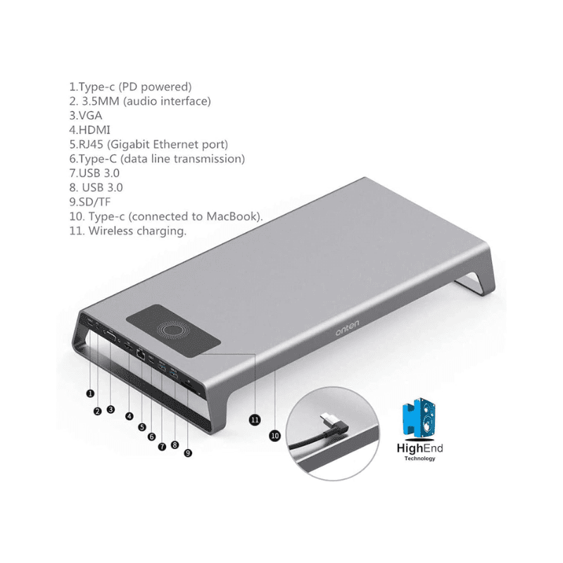 Onten Laptop Stand 111 Type-C 2 HDMI(4K) VGA Audio Lan100m USB 3.0 2 TF SD Wireless Charger OTN 95109