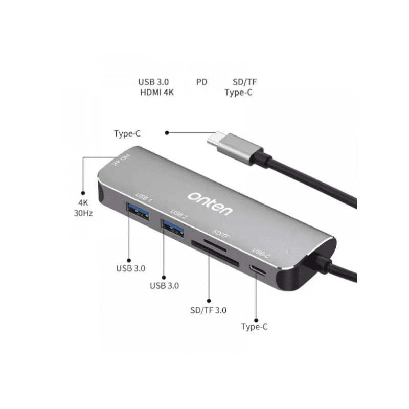 Onten HUB 6*1 Type C To HDMI 4K SD TF Card PD Charge USB 3.0 USB 2.0 OTN 95116D