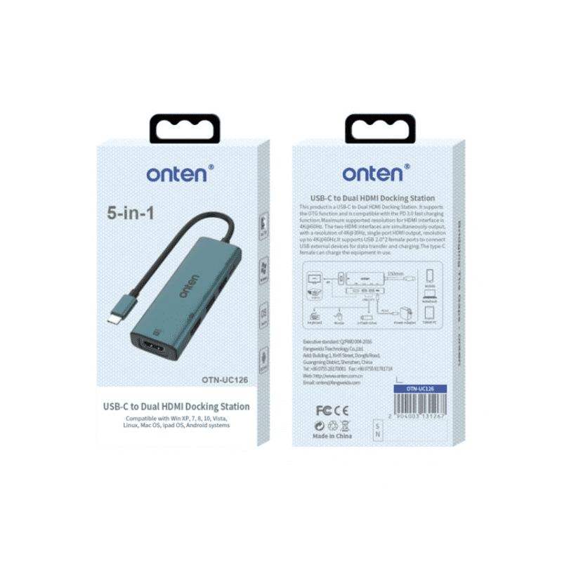 Onten HUB 5in1 Type C to Dual HDTV (4K) 2 USB 2.0 Ports PD Charging (MST) OTN UC126
