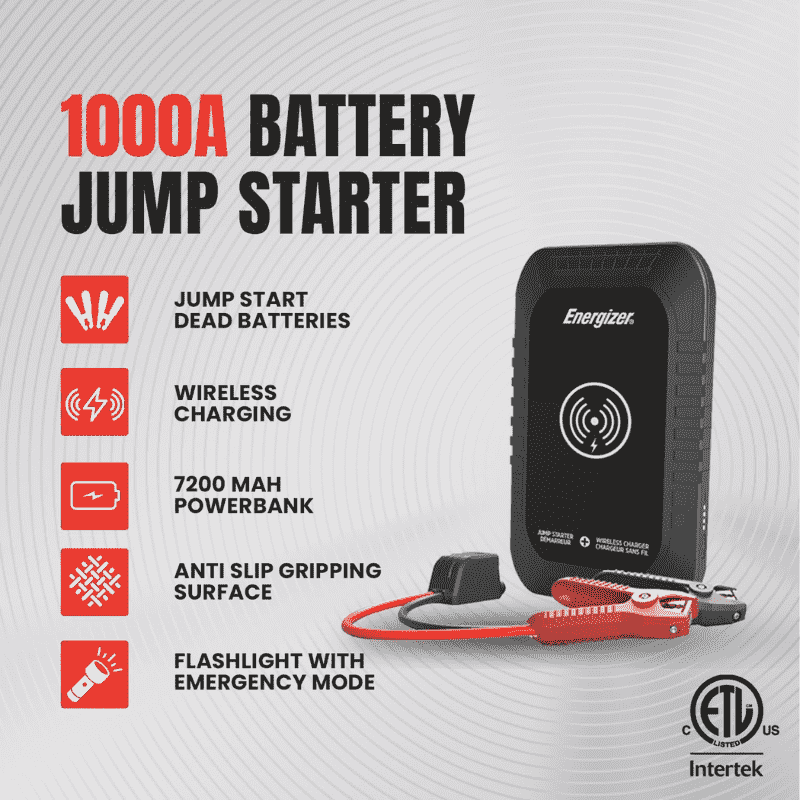Energizer Portable Auto Battery Charger Jump Starter 12V Lithium Jump Starter Box Car Battery Booster Pack Portable Power Bank Charger Jumper Cables up to 6L Gas 3L Diesel Engine - ETL Certified