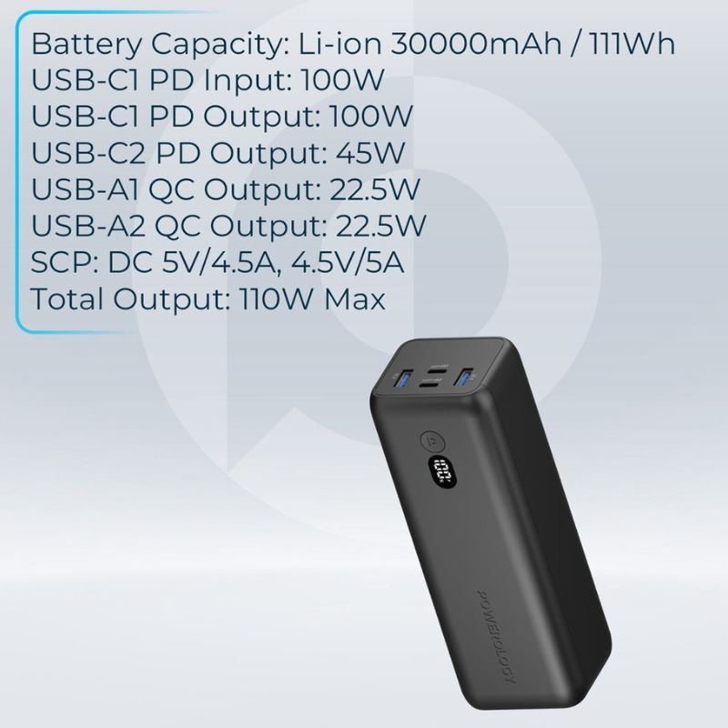 Powerology Onyx Dual USB-C Power Bank 30000mAh PD 100W