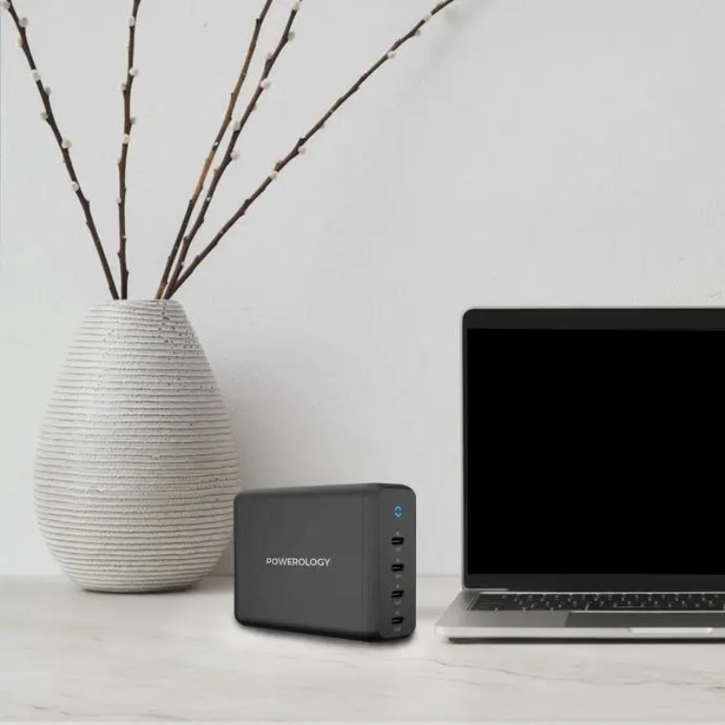 Powerology 165W GaN Desktop Charger with 4X PD Port UK AC Cable PD 100W