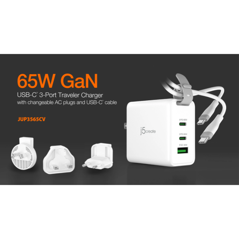 j5create_Power Charger 65W GaN With 3-Port (Type-C*2+USB3.0*1)_JUP3565CV