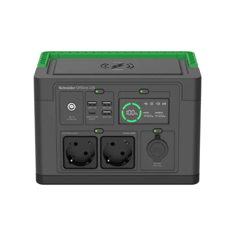 محطة طاقة محمولة Schneider OffGrid PPS330-GR - 332 وات/ساعة، 230 فولت، موجة جيبية، 2×Schuko USB-C، شحن لاسلكي 60 واط - 332 وات/ساعة، 230 فولت، موجة جيبية، 2×Schuko USB-C، شحن لاسلكي 60 واط
