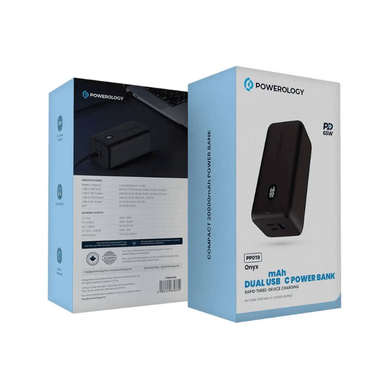 Powerology Onyx 20000mAh Dual USB-C Power Bank PD 65W