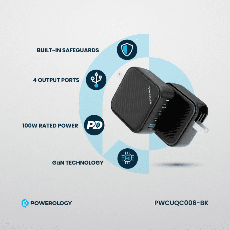 Powerology 3 Port PD 1 QC3.0 GaN Wall Charger 100W