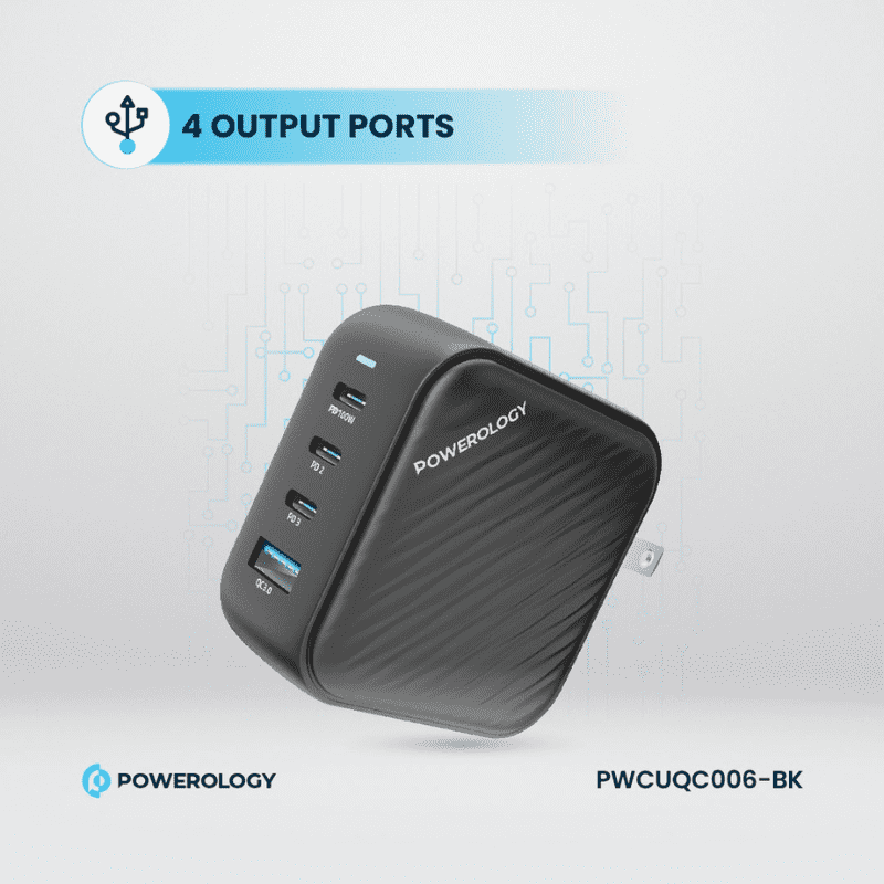 Powerology 3 Port PD 1 QC3.0 GaN Wall Charger 100W