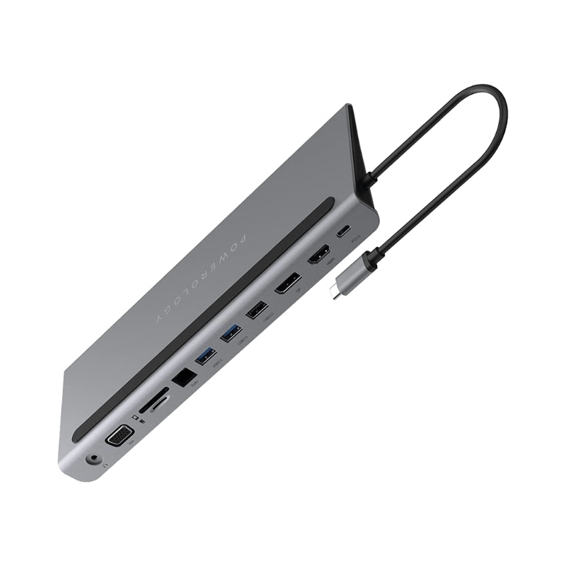 Powerology 11 in 1 Multi-Display USB-C Hub & Laptop Stand 100W - Gray
