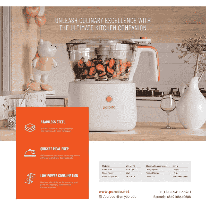 Porodo portable electric meat chopper 1/L 1500 mah