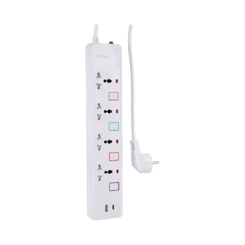 Etrain 16A with Overload Protection 4 Output Plugs + 1 USB + 1 Type-C 2.4A Charging Ports 2M - On-Off Switch