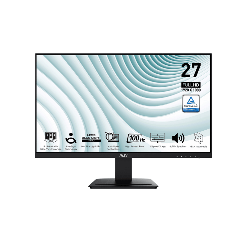 MSI Pro MP273A – 27” FHD IPS, 100Hz, 1ms, Anti-Flicker, Less Blue Light, Built-in Speakers, HDMI/DP/VGA, VESA Mount, Adaptive-Sync