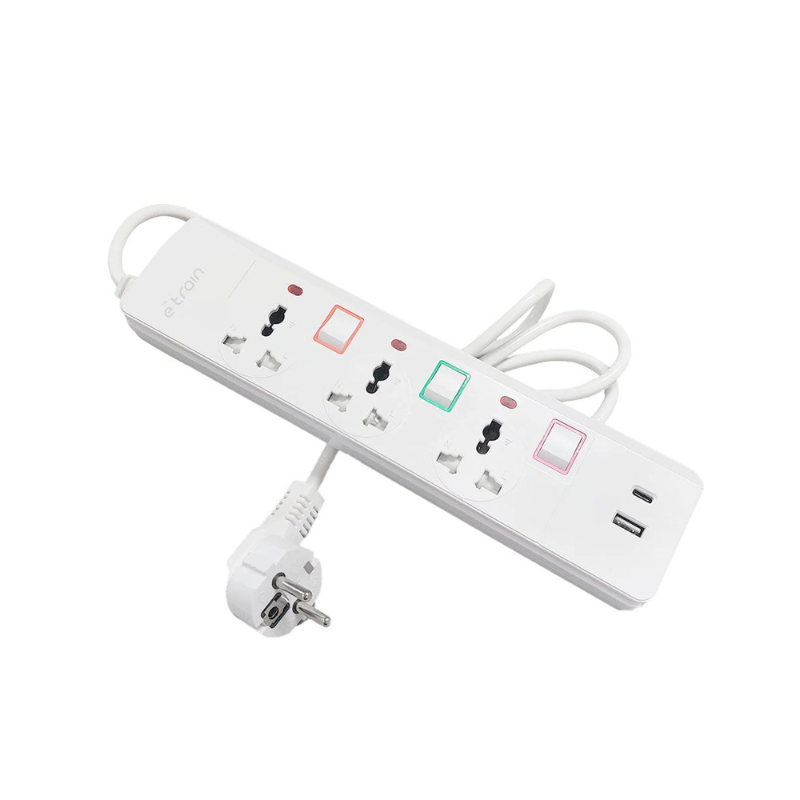 Etrain 16A Power Strip with Overload Protection 3 Output Plugs + 1 USB + 1 Type-C 2.4A Charging Ports 1.5M - On-OFF Switch