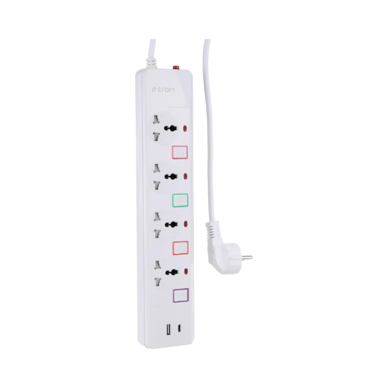 Etrain 16A with Overload Protection 4 Output Plugs + 1 USB + 1 Type-C 2.4A Charging Ports 2M - On-Off Switch