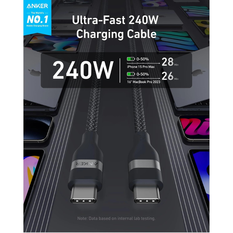 كابل أنكر USB-C إلى USB-C بطول 3 أقدام وقوة 240 واط، أسود A82E2H11 