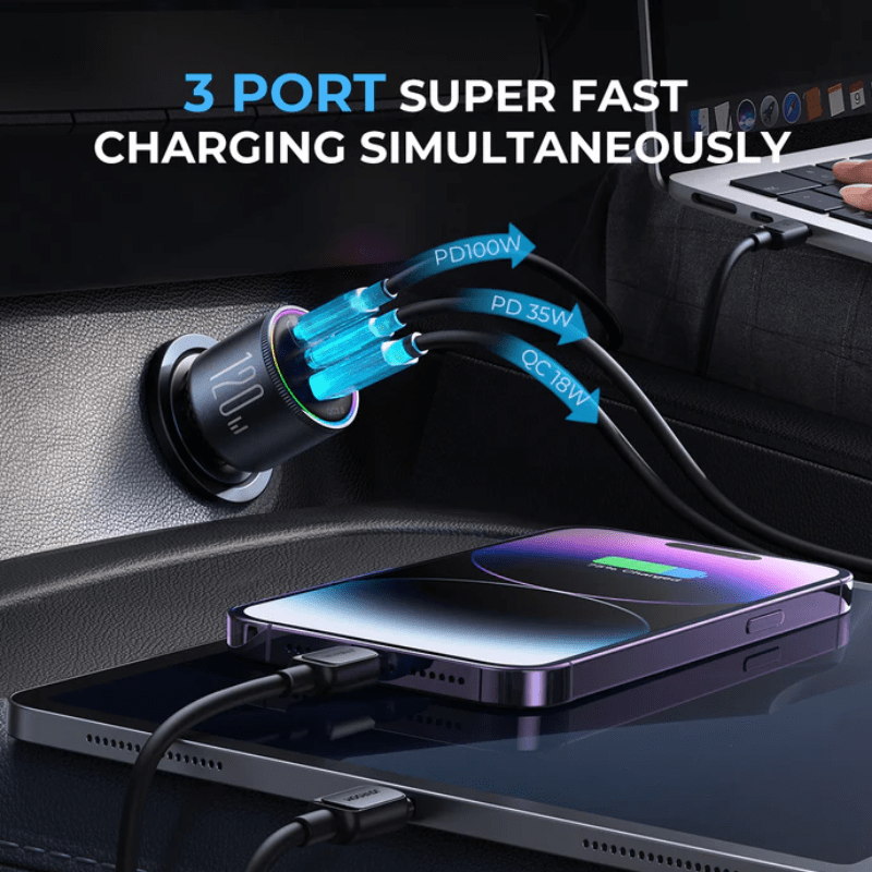 شاحن سيارة سريع من جوي روم، 3 منافذ من النوع C، 2+USB A 1، 120 وات، أسود، JR CCN07 