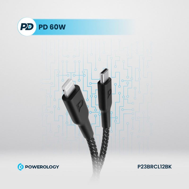 Powerology PD60W Braided USB-C to USB-C + Lightning Cable 1.2 Meter