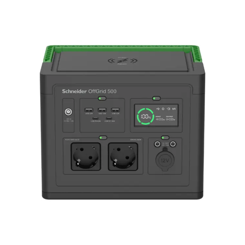 Schneider OffGrid Portable Power Station 500  230V 517Wh Lithium-ion  LCD  2 CEE 7/3 Schuko outlets  Sinewave 3 USB-A 2 USB-C Wireless Charger