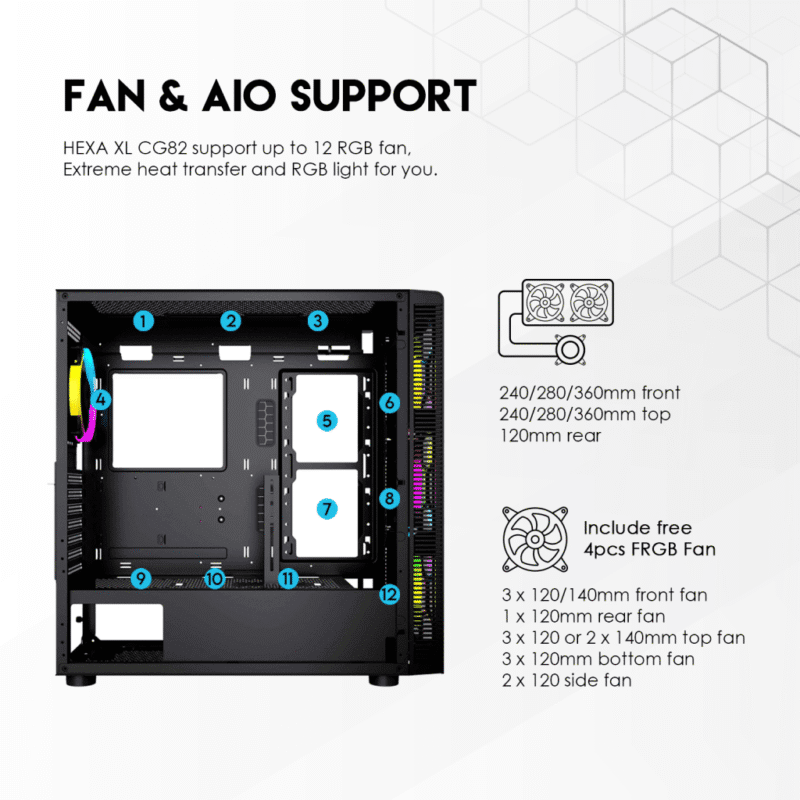 علبة برج كاملة بمروحة RGB من HEXA XL CG82 باللون الأسود 
