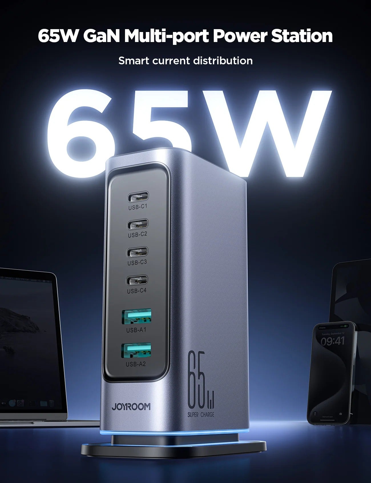 JOYROOM Fast Charger GaN Multi-Port Power Station Type-C 4   USB-A 2 65W Dark Gray JR-TCM02