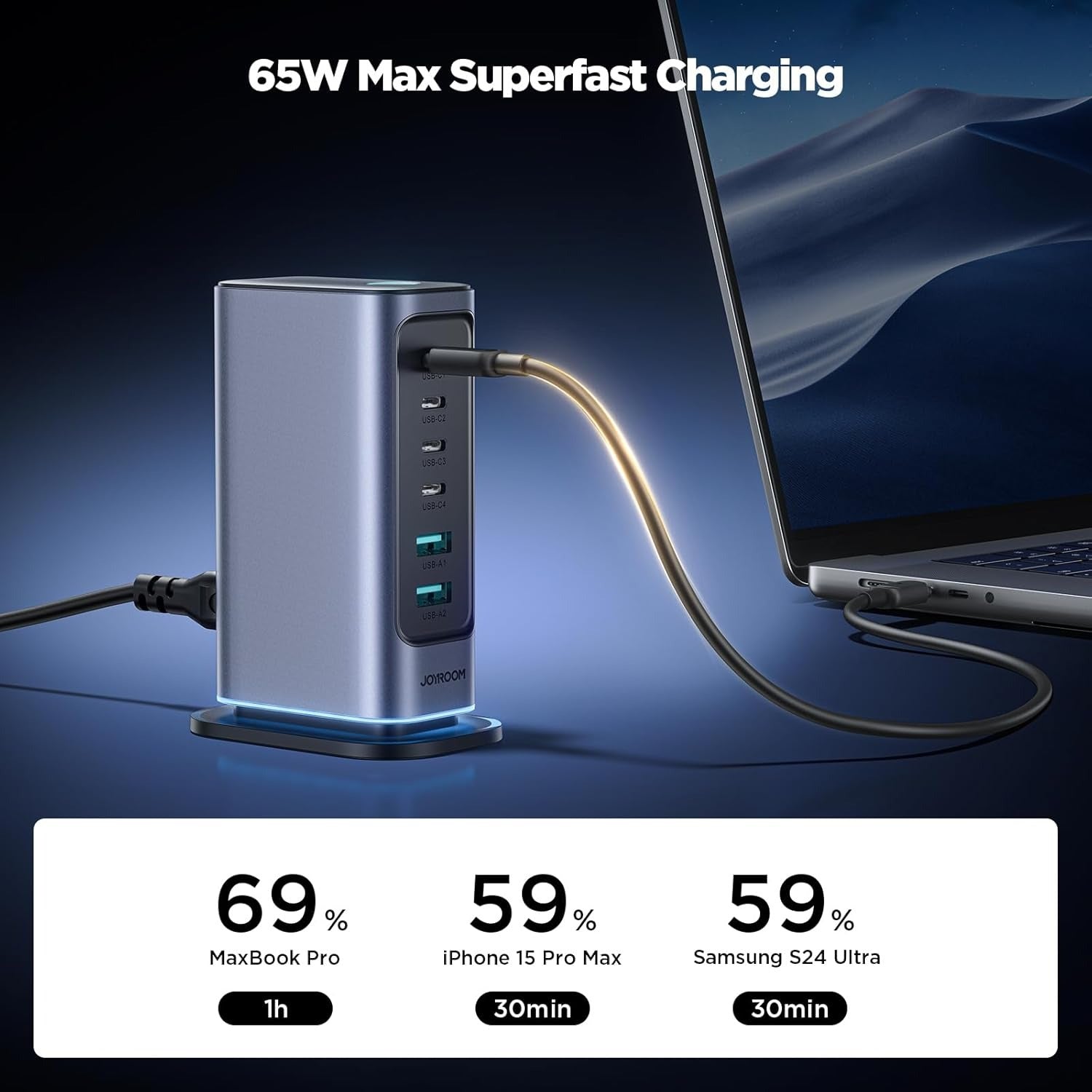 JOYROOM Fast Charger GaN Multi-Port Power Station Type-C 4   USB-A 2 65W Dark Gray JR-TCM02