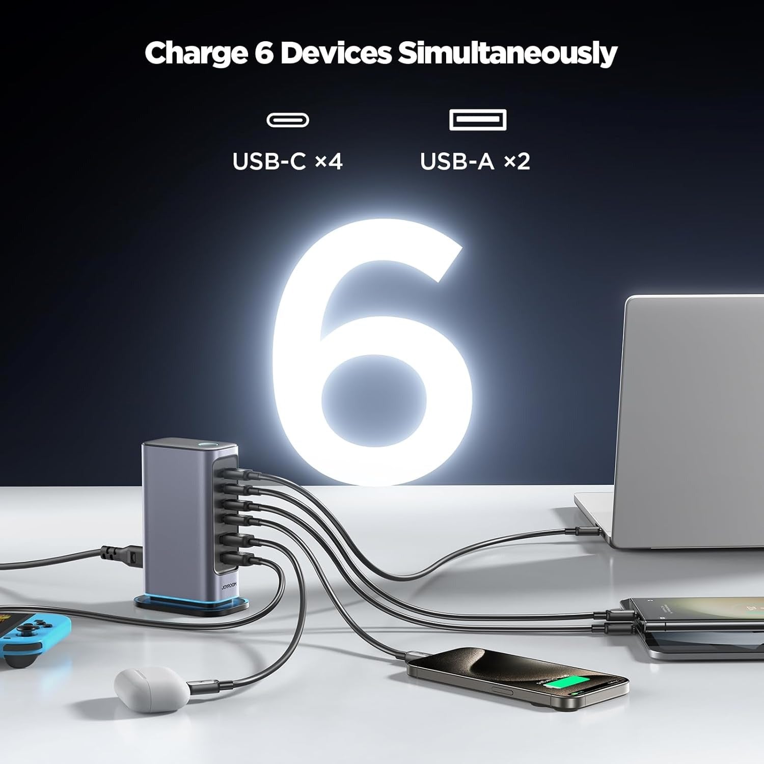 JOYROOM Fast Charger GaN Multi-Port Power Station Type-C 4   USB-A 2 65W Dark Gray JR-TCM02