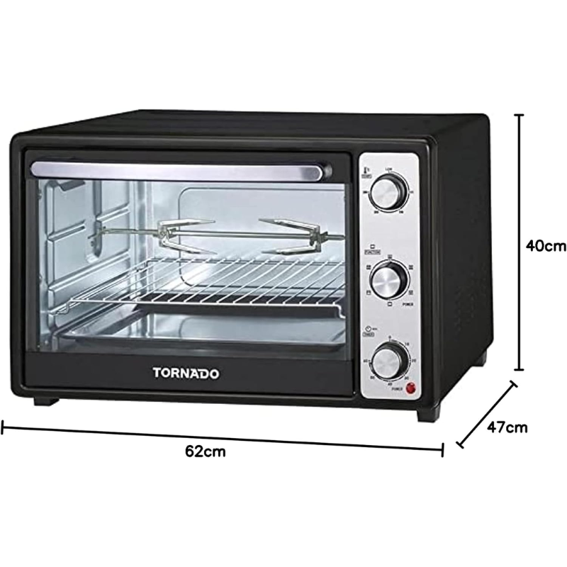 Tornado electric oven 46 litre 1800 watt in black color with grill and fan teo-46ne(k)