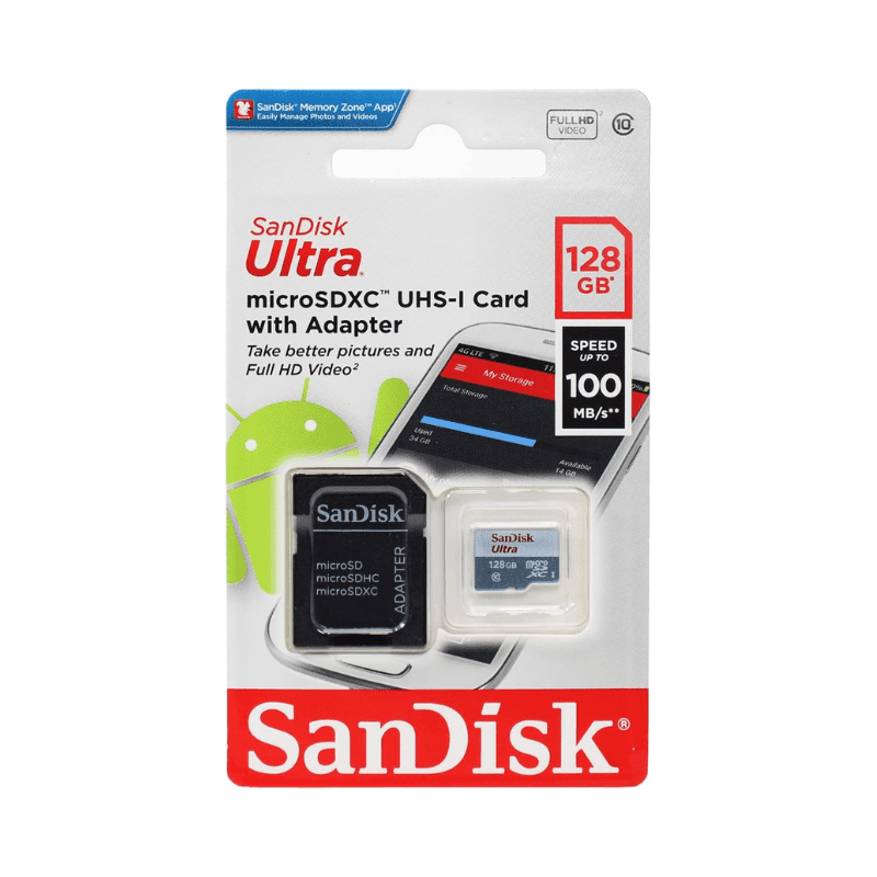 بطاقة SanDisk Ultra microSDXC سعة 128 جيجابايت و100 ميجابايت من الفئة 10 UHS-I
