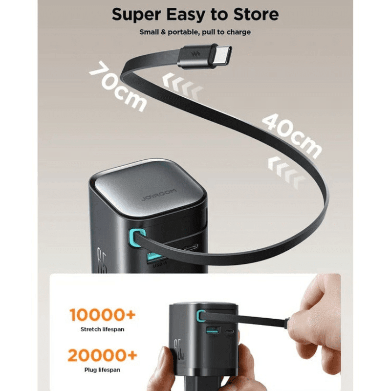 شاحن جوي روم السريع GaN مع كابل مدمج قابل للسحب 70 سم + USB-A*1 + Type-C*1 65 واط أسود JR-TCL02