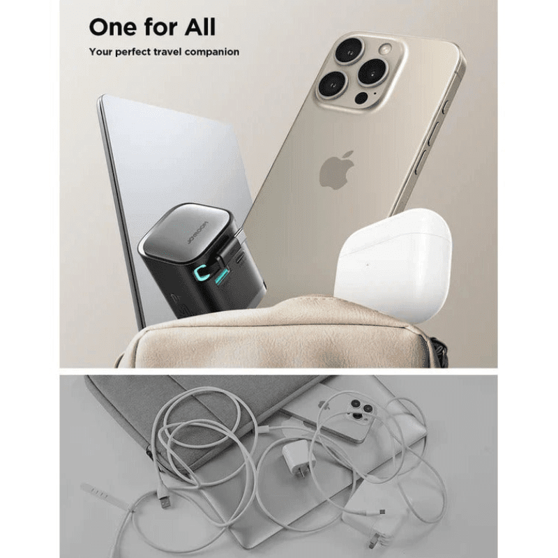 شاحن جوي روم السريع GaN مع كابل مدمج قابل للسحب 70 سم + USB-A*1 + Type-C*1 65 واط أسود JR-TCL02