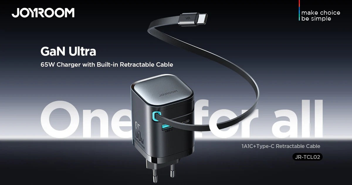 شاحن جوي روم السريع GaN مع كابل مدمج قابل للسحب 70 سم + USB-A*1 + Type-C*1 65 واط أسود JR-TCL02