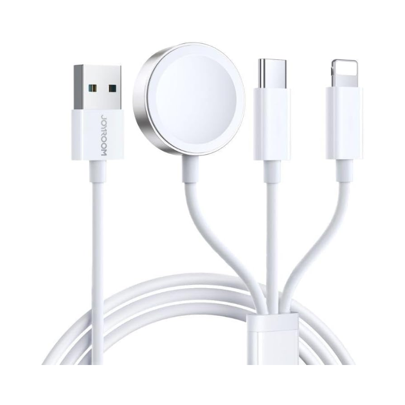 Joyroom S-IW008 3-in-1 iP Watch Magnetic Charger+Lightning+Type-C cable USB-A 1.2m-White-12 Months Warranty