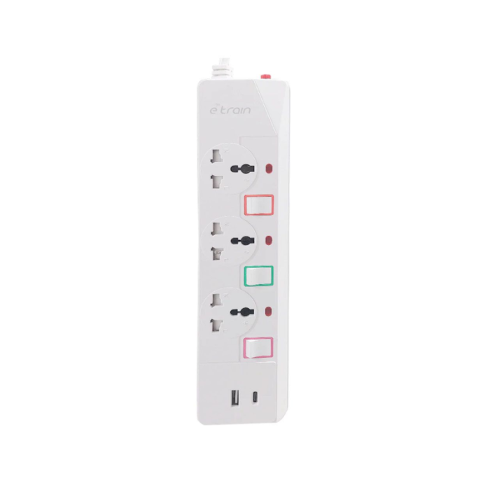 ⁦مشترك كهرباء Etrain 16A مع حماية من التحميل الزائد، 3 مقابس مخرج 1 USB  1 منافذ شحن Type C 2.4A 1.5M مفتاح تشغيل وإيقاف⁩ - الصورة ⁦1⁩