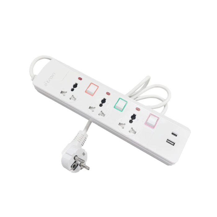 ⁦مشترك كهرباء Etrain 16A مع حماية من التحميل الزائد، 3 مقابس مخرج 1 USB  1 منافذ شحن Type C 2.4A 1.5M مفتاح تشغيل وإيقاف⁩ - الصورة ⁦2⁩