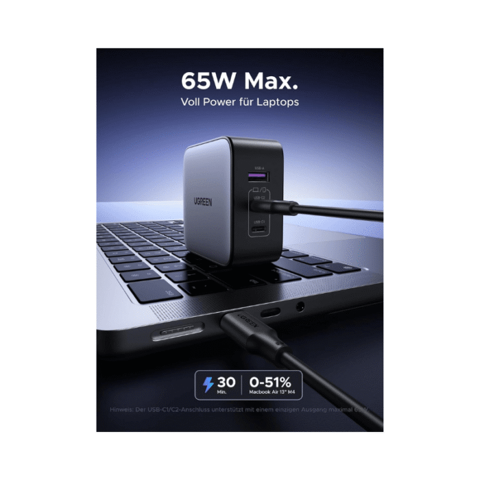 UGREEN Nexode Fast Charger 65W 2 USB C1 USB A Black - Image 3